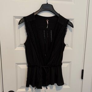 Free People Black Lace Trim Blouse